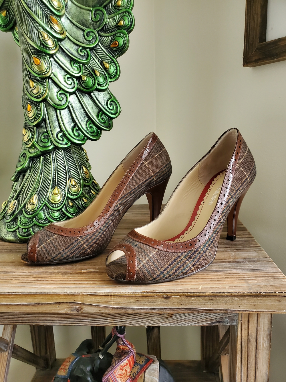 Johnston & Murphy Brown Plaid Peep-Toe Heels